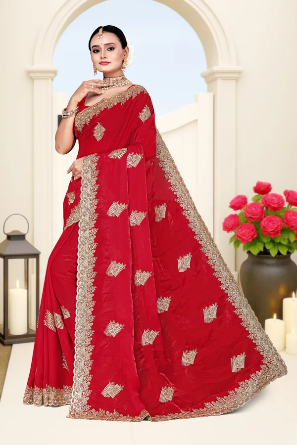 Women's_Emerald_RED_Saree_–_Festive_Wear_Silk_Blend_Saree_with_Heavy_Silver_Zari_Embroidery_and_Blouse_Piece
