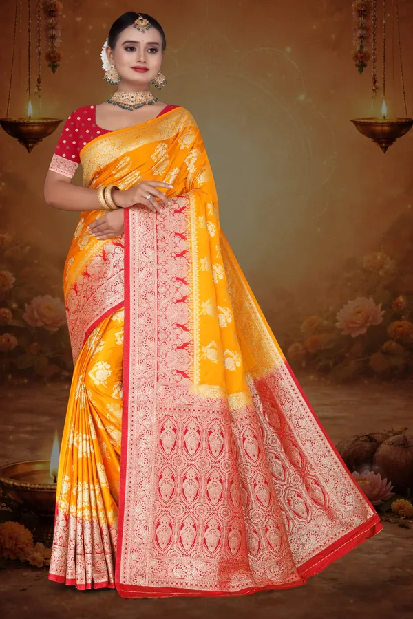 Women's_Banarasi_Art_Silk_Saree_–_Haldi_Yellow_&_Red_Festive_Wear_Saree_with_Rich_Golden_Zari_Border_and_Blouse_Piece