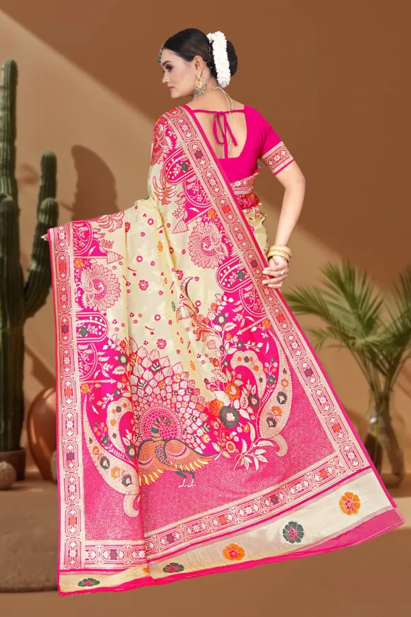 Women's_Banarasi_Art_Silk_Saree_–_Cream_&_Pink_Festive_Wear_Saree_with_Heavy_Zari_Border_and_Blouse_Piece