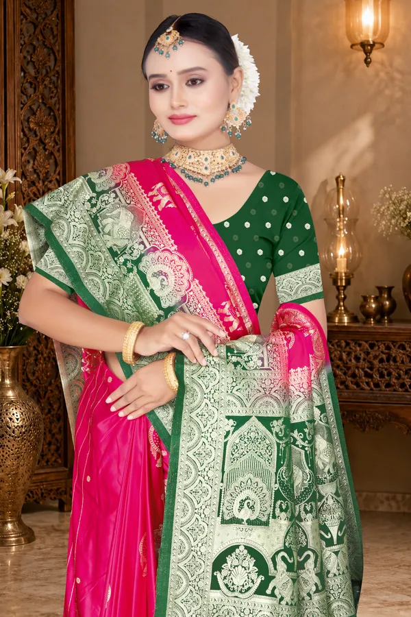 Women's_Banarasi_Art_Silk_Saree_–_Hot_Pink_&_Dark_Green_Festive_Wear_Saree_with_Heavy_Woven_Golden_Zari_Border_and_Blouse_Piece