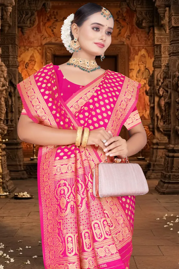 Premium_&_Descriptive:_Royal_Rani_Pink_Silk_Saree_with_Classic_All-Over_Golden_Zari_Buta_Work_and_Festive_Heritage_Pallu