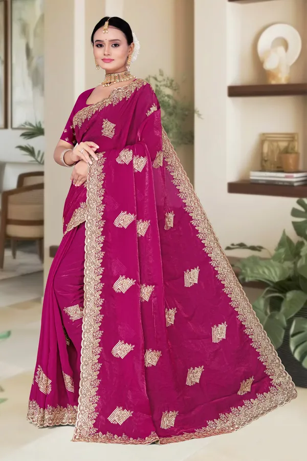 Women's_Emerald_PINK_Saree_–_Festive_Wear_Silk_Blend_Saree_with_Heavy_Silver_Zari_Embroidery_and_Blouse_Piece