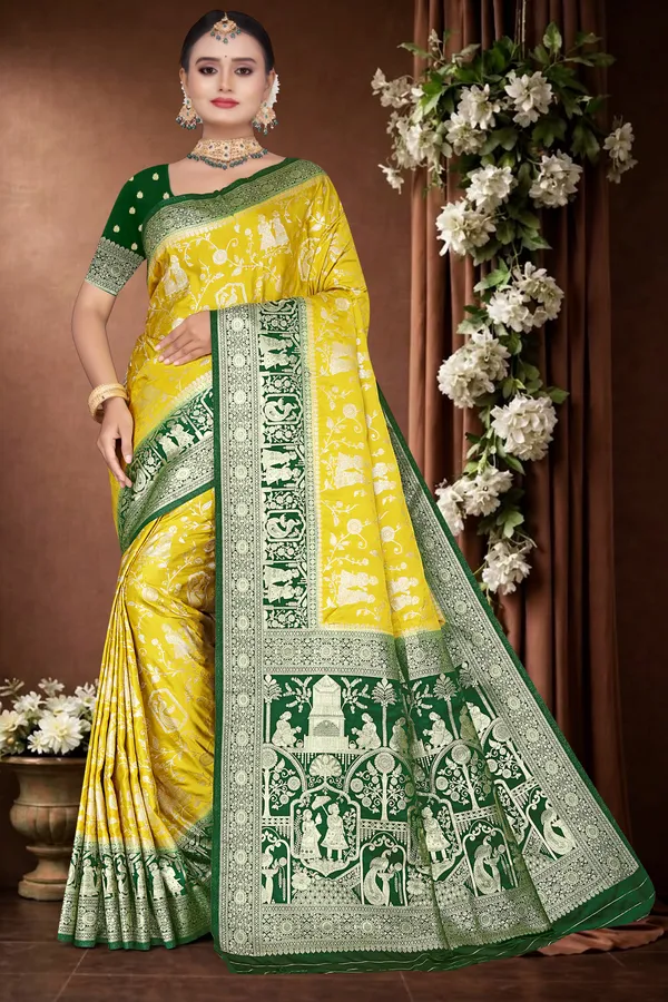 Women's_Banarasi_Art_Silk_Saree_–_Bright_Yellow_&_Dark_Green_Festive_Wear_Saree_with_Heavy_Woven_Zari_Border_and_Blouse_Piece