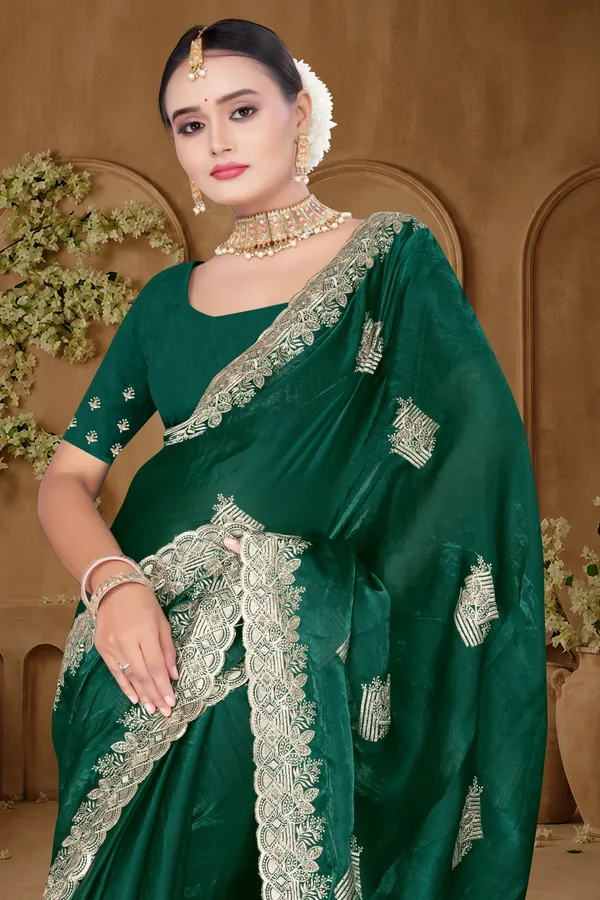 Women's_Emerald_GREEN_Saree_–_Festive_Wear_Silk_Blend_Saree_with_Heavy_Silver_Zari_Embroidery_and_Blouse_Piece