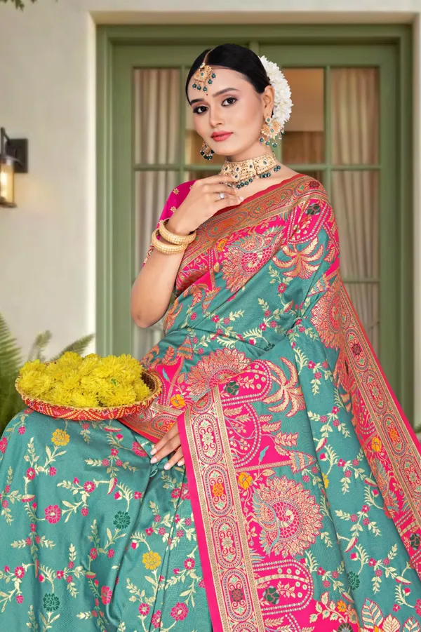 Women's_Banarasi_Art_Silk_Saree_–_Rama_Green_&_Pink_Festive_Wear_Saree_with_Heavy_Zari_Border_and_Blouse_Piece