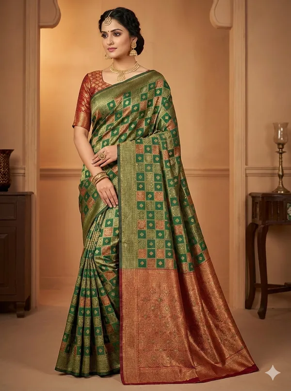 Dark_Green_And_Red_Jacquard_Banarasi_Silk_Saree_For_Women