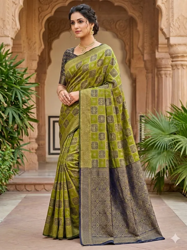Green_And_Black_Jacquard_Banarasi_Silk_Saree_For_Women