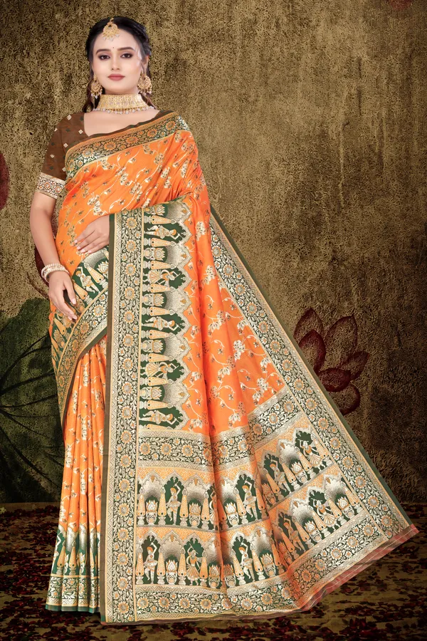 Women's_Banarasi_Art_Silk_Saree_–_Bright_Orange_&_Mehndi_Green_Festive_Wear_Saree_with_Heavy_Woven_Golden_Zari_Border_and_Blouse_Piece