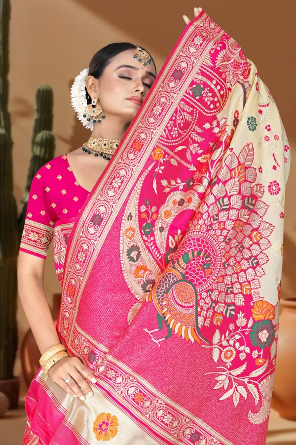 Women's_Banarasi_Art_Silk_Saree_–_Cream_&_Pink_Festive_Wear_Saree_with_Heavy_Zari_Border_and_Blouse_Piece