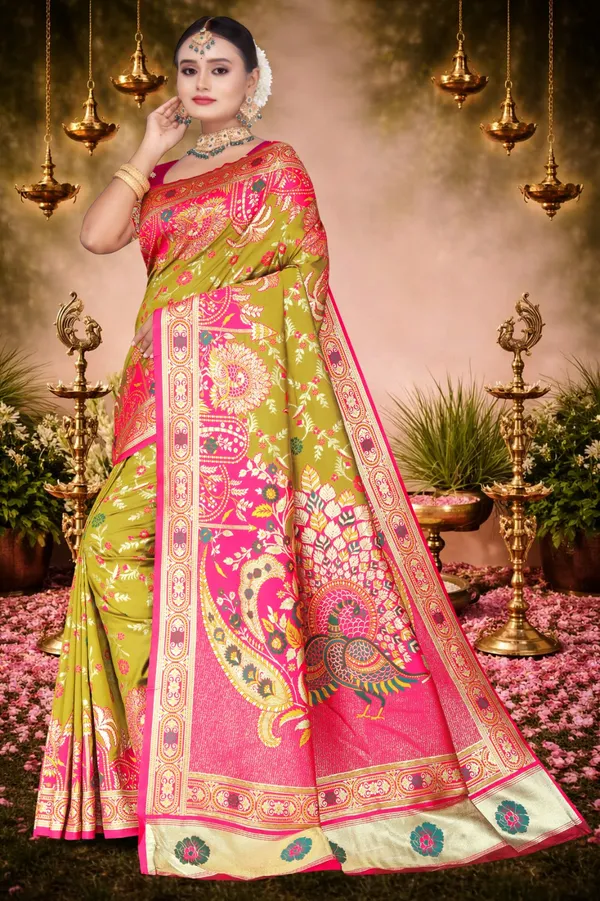 Women's_Banarasi_Silk_Saree_–_Olive_Green_&_Pink_Festive_Wear_Saree_with_Heavy_Zari_Border_and_Blouse_Piece