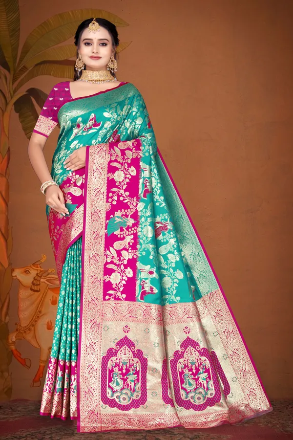 Women's_Banarasi_Art_Silk_Saree_–_rama_green_Festive_Wear_Saree_with_Heavy_Woven_Golden_Zari_Border_and_Blouse_Piece