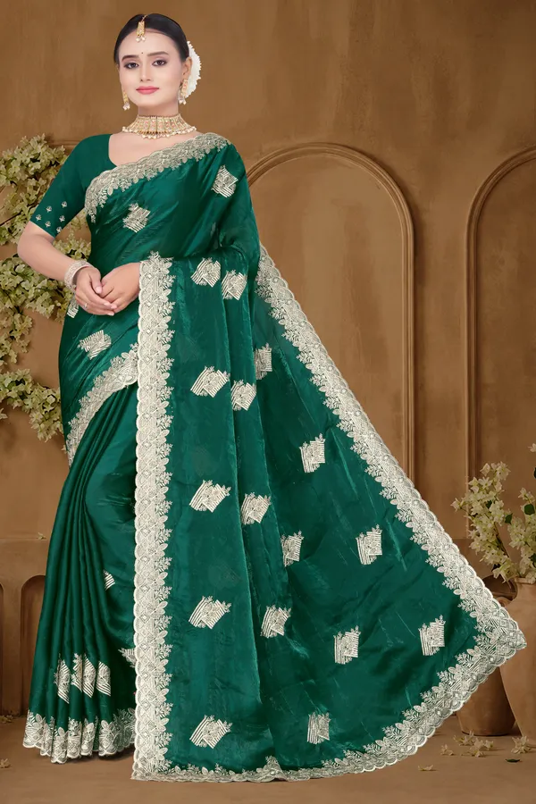Women's_Emerald_GREEN_Saree_–_Festive_Wear_Silk_Blend_Saree_with_Heavy_Silver_Zari_Embroidery_and_Blouse_Piece