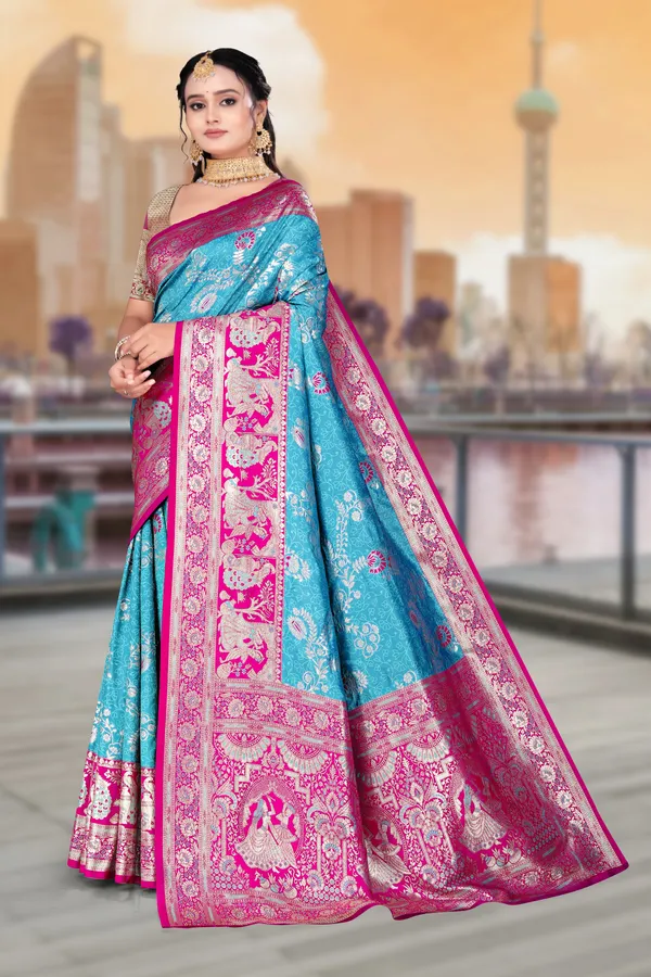 Women's_Banarasi_Art_Silk_Saree_–_Firoza_Teal_&_Hot_Pink_Festive_Wear_Saree_with_Heavy_Woven_Golden_Zari_Border_and_Blouse_Piece