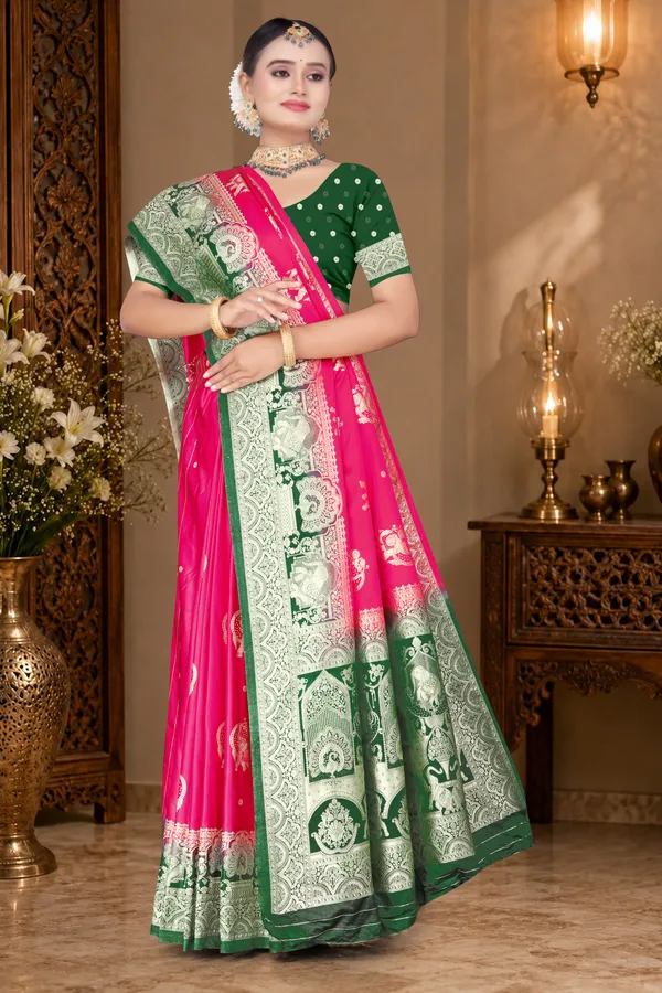 Women's_Banarasi_Art_Silk_Saree_–_Hot_Pink_&_Dark_Green_Festive_Wear_Saree_with_Heavy_Woven_Golden_Zari_Border_and_Blouse_Piece