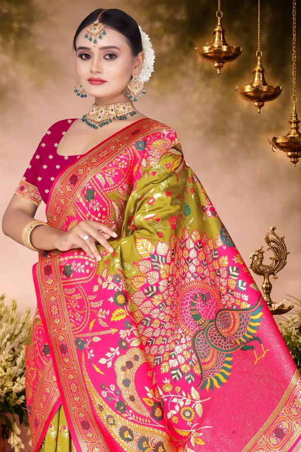 Women's_Banarasi_Silk_Saree_–_Olive_Green_&_Pink_Festive_Wear_Saree_with_Heavy_Zari_Border_and_Blouse_Piece