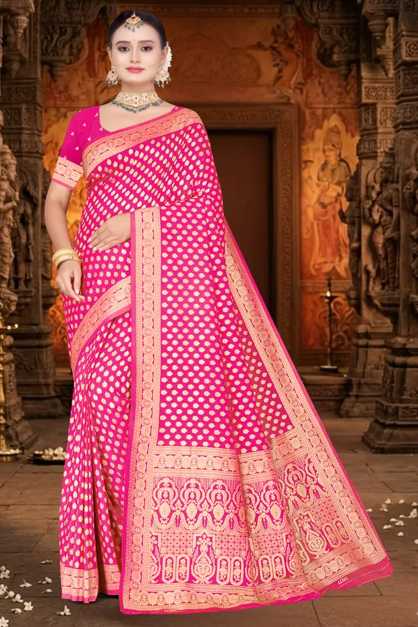 Premium_&_Descriptive:_Royal_Rani_Pink_Silk_Saree_with_Classic_All-Over_Golden_Zari_Buta_Work_and_Festive_Heritage_Pallu