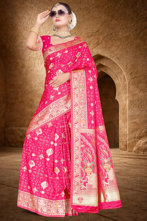 Women's_Banarasi_Silk_Saree_–_Hot_Pink_Festive_Wear_Saree_with_Heavy_Golden_Zari_Border_and_Blouse_Piece
