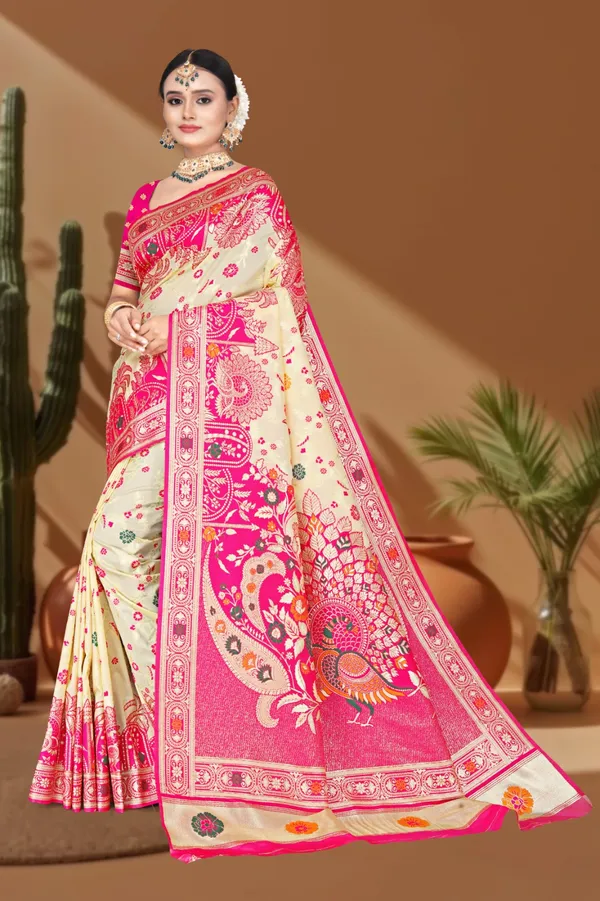 Women's_Banarasi_Art_Silk_Saree_–_Cream_&_Pink_Festive_Wear_Saree_with_Heavy_Zari_Border_and_Blouse_Piece