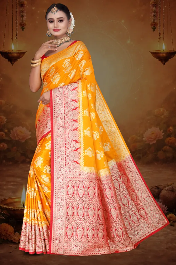 Women's_Banarasi_Art_Silk_Saree_–_Haldi_Yellow_&_Red_Festive_Wear_Saree_with_Rich_Golden_Zari_Border_and_Blouse_Piece