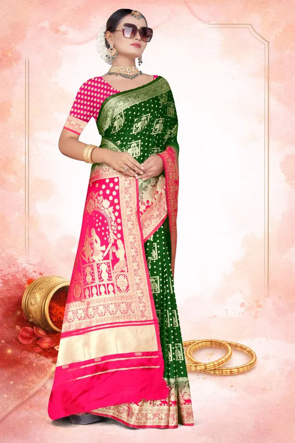 Women's_Banarasi_Art_Silk_Saree_–_Dark_Green_&_Pink_Festive_Wear_Saree_with_Heavy_Golden_Zari_Border_and_Blouse_Piece