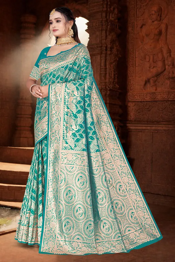 Women's_Banarasi_Art_Silk_Saree_–_firozi_Festive_Wear_Saree_with_Heavy_Woven_Golden_Zari_Pallu_and_Blouse_Piece