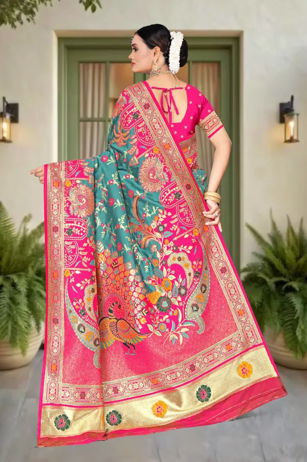Women's_Banarasi_Art_Silk_Saree_–_Rama_Green_&_Pink_Festive_Wear_Saree_with_Heavy_Zari_Border_and_Blouse_Piece