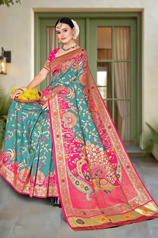 Women's_Banarasi_Art_Silk_Saree_–_Rama_Green_&_Pink_Festive_Wear_Saree_with_Heavy_Zari_Border_and_Blouse_Piece