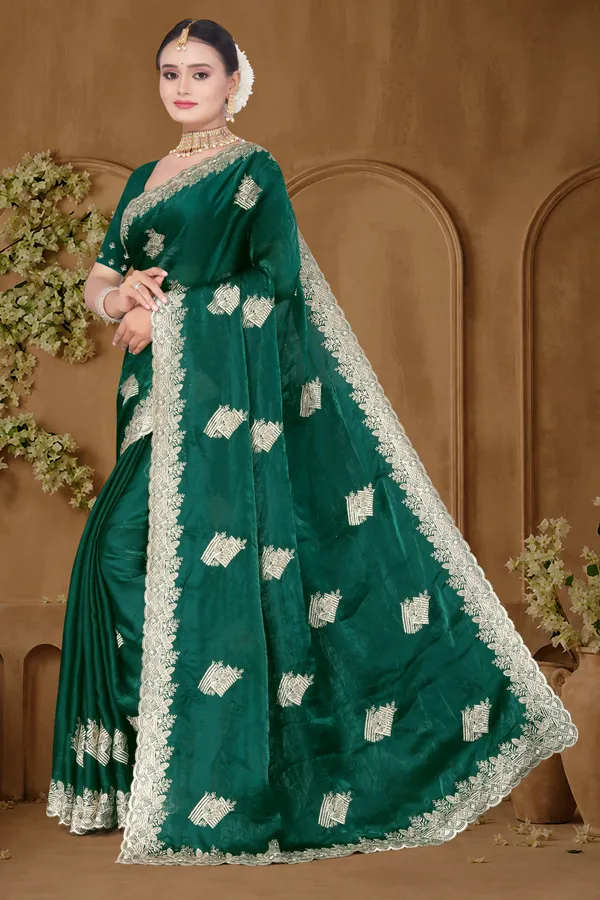 Women's_Emerald_GREEN_Saree_–_Festive_Wear_Silk_Blend_Saree_with_Heavy_Silver_Zari_Embroidery_and_Blouse_Piece