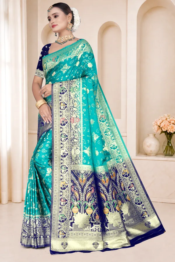 Women's_Banarasi_Silk_Saree_–_Firoza_Teal_&_Royal_Blue_Festive_Wear_Saree_with_Heavy_Woven_Golden_Zari_Border_and_Blouse_Piece