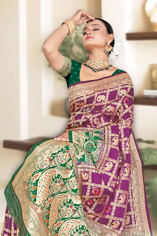 Women's_Banarasi_Art_Silk_Saree_–_Royal_Purple_&_Dark_Green_Festive_Wear_Saree_with_Heavy_Woven_Golden_Zari_Border_and_Blouse_Piece