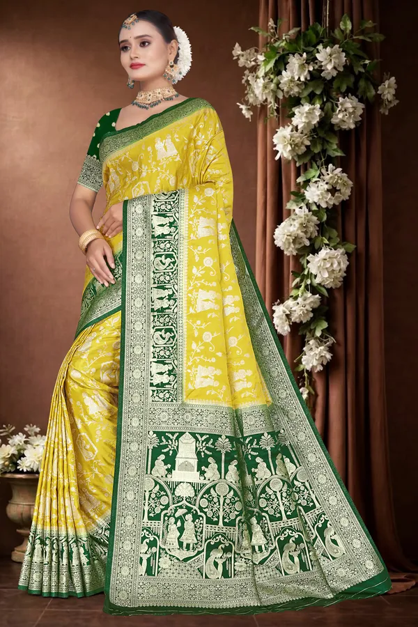 Women's_Banarasi_Art_Silk_Saree_–_Bright_Yellow_&_Dark_Green_Festive_Wear_Saree_with_Heavy_Woven_Zari_Border_and_Blouse_Piece