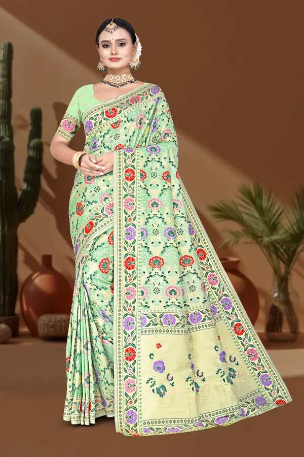 Women's_Banarasi_Art_Silk_Saree_–_Light_Pastel_Green_Festive_Wear_Saree_with_Multicolored_Floral_Border_and_Blouse_Piece