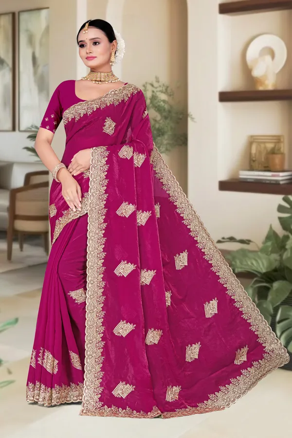 Women's_Emerald_PINK_Saree_–_Festive_Wear_Silk_Blend_Saree_with_Heavy_Silver_Zari_Embroidery_and_Blouse_Piece