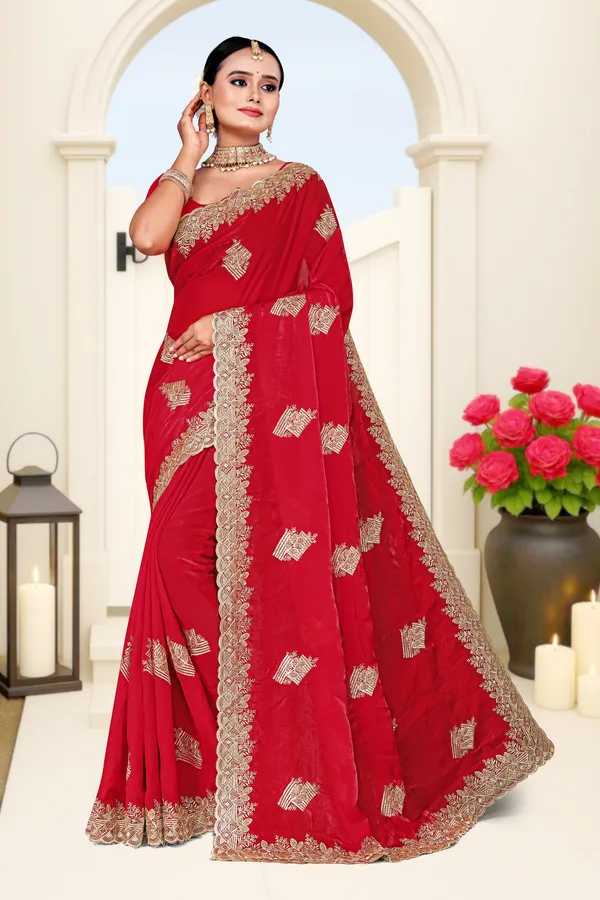 Women's_Emerald_RED_Saree_–_Festive_Wear_Silk_Blend_Saree_with_Heavy_Silver_Zari_Embroidery_and_Blouse_Piece