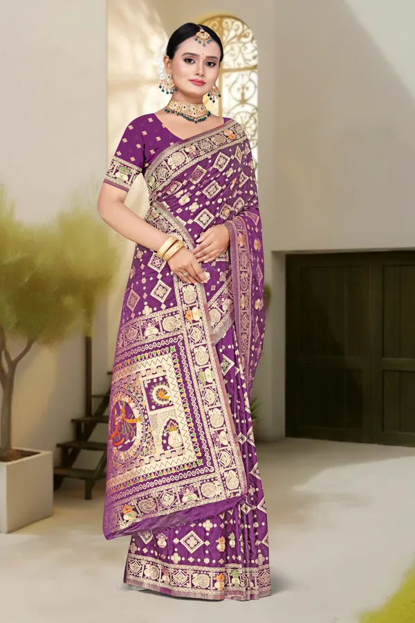 Women's_Banarasi_Art_Silk_Saree_–_Wine_Purple_Festive_Wear_Saree_with_Heavy_Woven_Golden_Zari_Border_and_Blouse_Piece