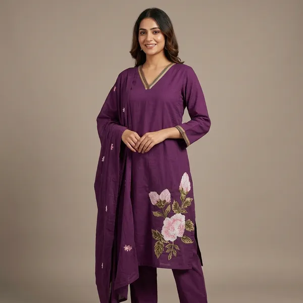 Purple_Cotton_Embroidered_Floral_Kurta_With_Dupatta_Set_For_Women