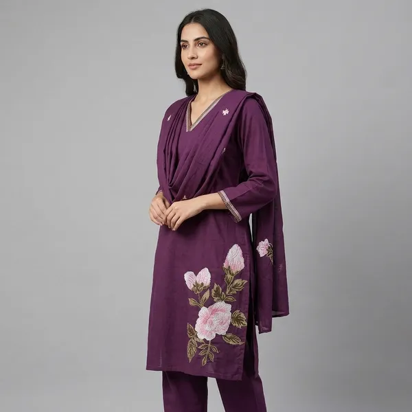Purple_Cotton_Embroidered_Floral_Kurta_With_Dupatta_Set_For_Women