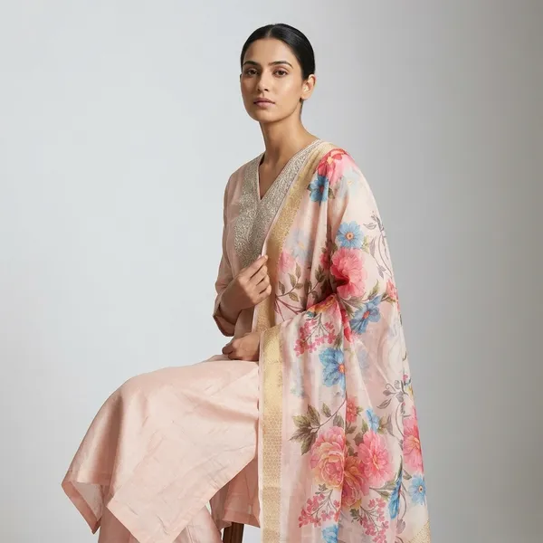 Peach_Raw_Silk_Embroidered_V-Neck_Kurta_Set_With_Floral_Dupatta_For_Women