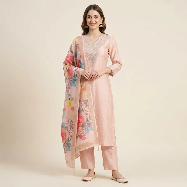 Peach_Raw_Silk_Embroidered_V-Neck_Kurta_Set_With_Floral_Dupatta_For_Women