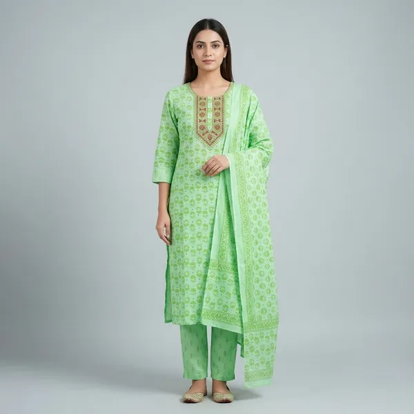 Green_Printed_Cotton_Kurta_Set_With_Dupatta_With_Embroidered_Neckline_For_Women