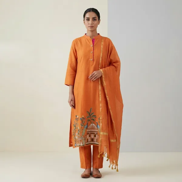 Orange_Mul_Chanderi_Embroidered_Kurta_Set_With_Dupatta_For_Women