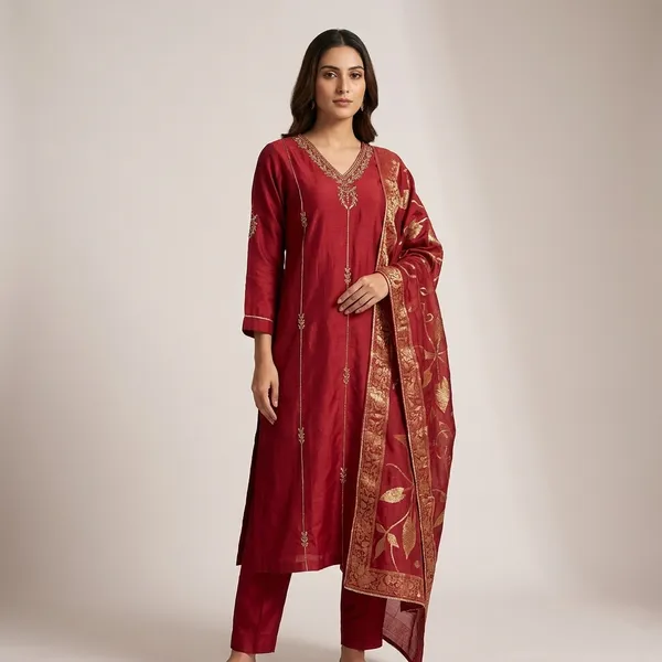 Red_Silk_Embroidered_Kurta_With_Dupatta_Set_For_Women