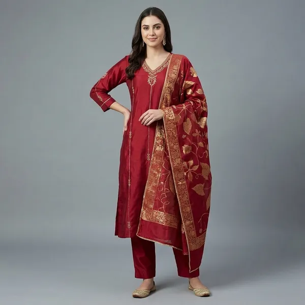 Red_Silk_Embroidered_Kurta_With_Dupatta_Set_For_Women