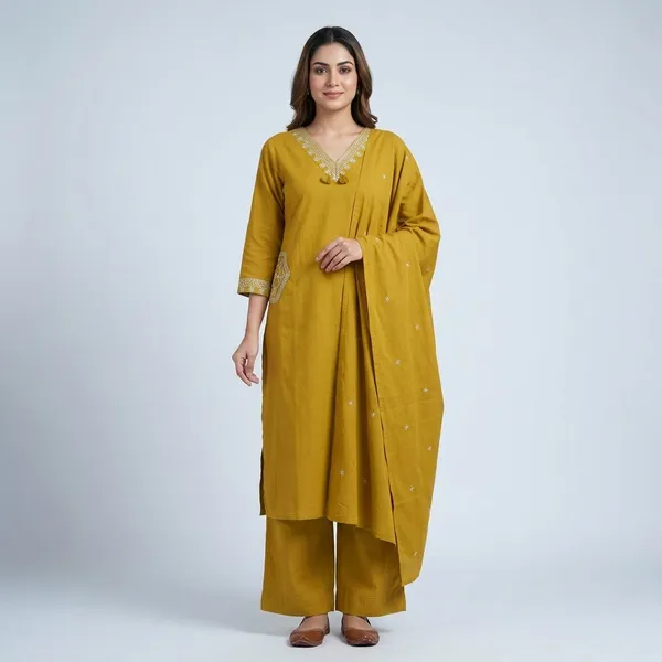 Mustard_Yellow_Cotton_Embroidered_Kurta_With_Dupatta_Set_For_Women