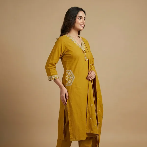 Mustard_Yellow_Cotton_Embroidered_Kurta_With_Dupatta_Set_For_Women