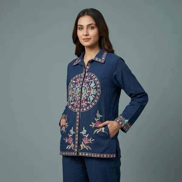Navy_Blue_Denim_Cotton_Embroidered_Ethnic_Co-Ord_Set_For_Women