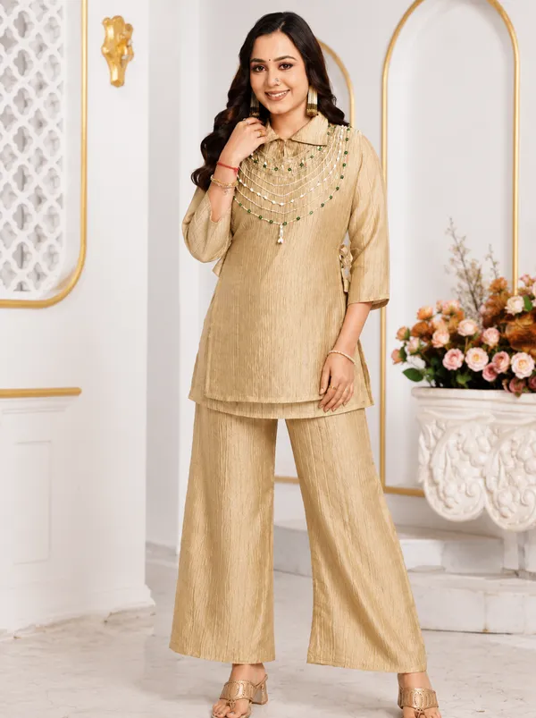 Women's__Textured_Co-Ord_Set_with_Layered_Beaded_Neckline