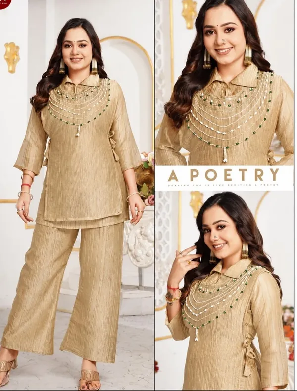 Women's__Textured_Co-Ord_Set_with_Layered_Beaded_Neckline