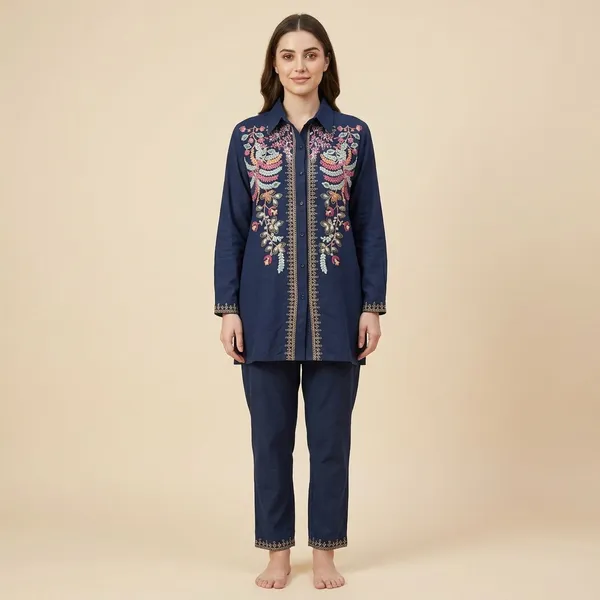 Navy_Blue_Denim_Cotton_Embroidered_Designer_Ethnic_Co-Ord_Set_For_Women