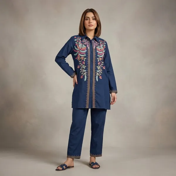 Navy_Blue_Denim_Cotton_Embroidered_Designer_Ethnic_Co-Ord_Set_For_Women